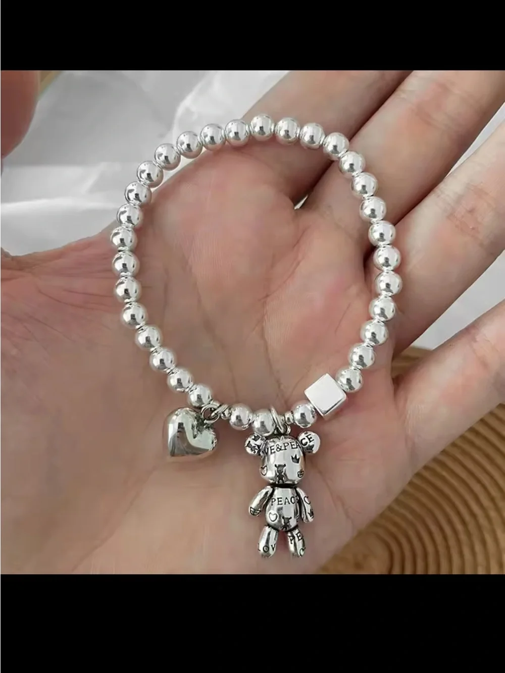 Silver Beaded Bracelet with Teddy & Heart Charms
